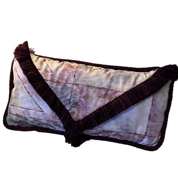 Beige & Burgundy Brocade Envelope Throw Pillow with Fringe Handmade - Picture 1 of 6